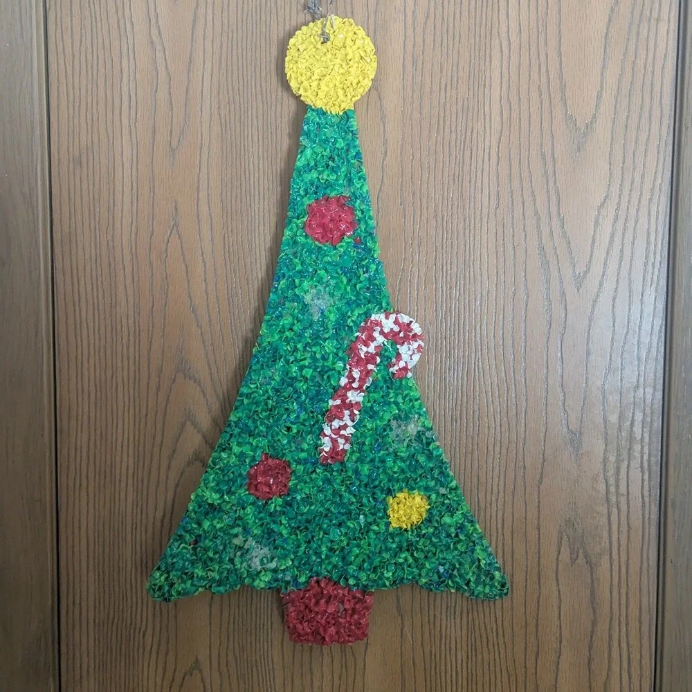 Vintage Melted Popcorn Plastic Christmas Tree Candy Cane Retro Wall Decor